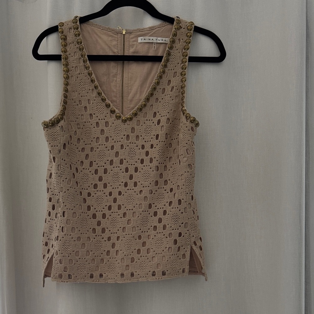 Trina Turk Tan Lace Tank with Gold Details